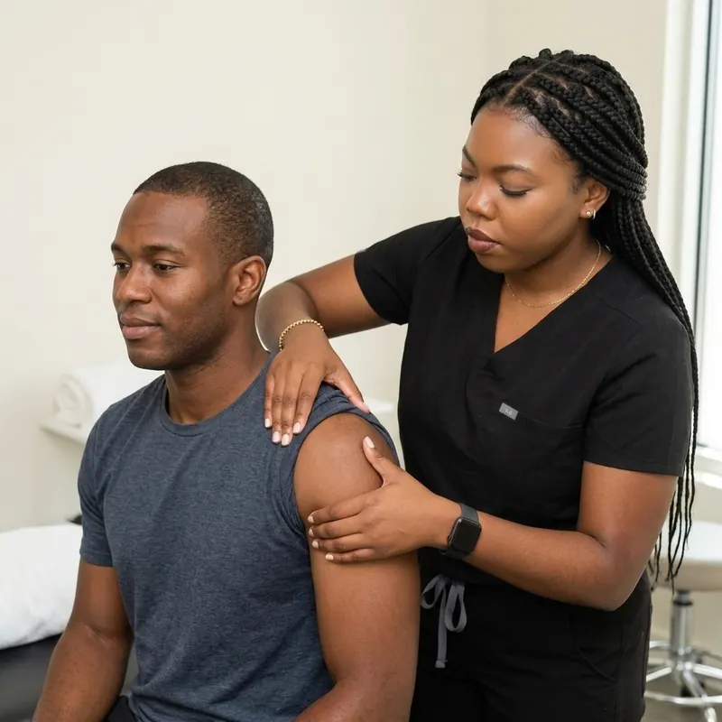 A chiropractor assessing a patient's shoulder and upper arm at the treatment table